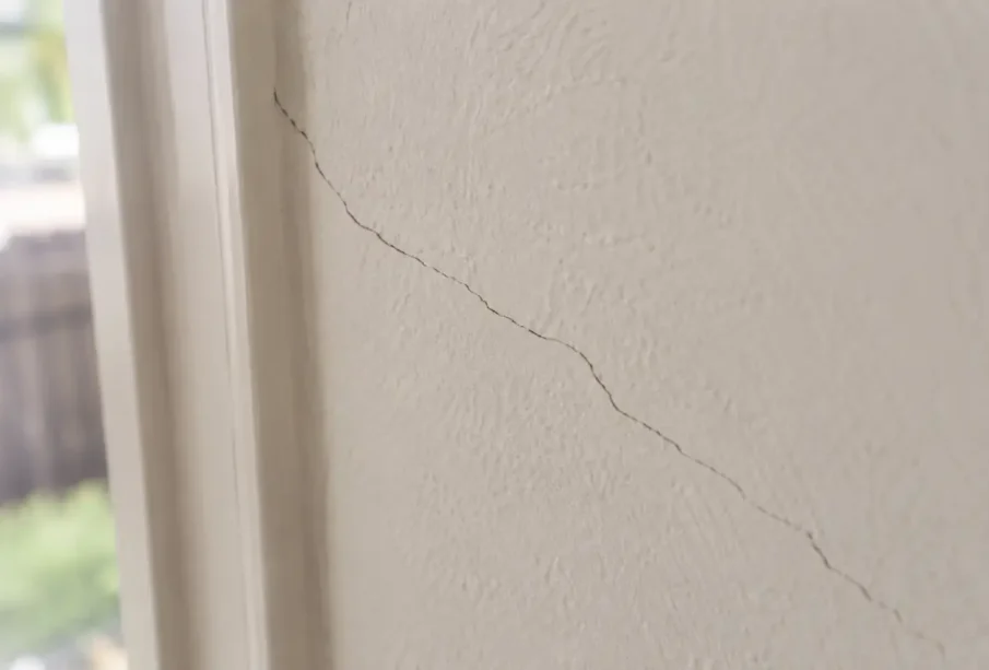 Hairline crack running through painted plaster wall in an Australian home